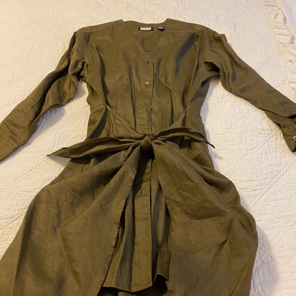 DKNY vintage small linen wrap dress in olive green
